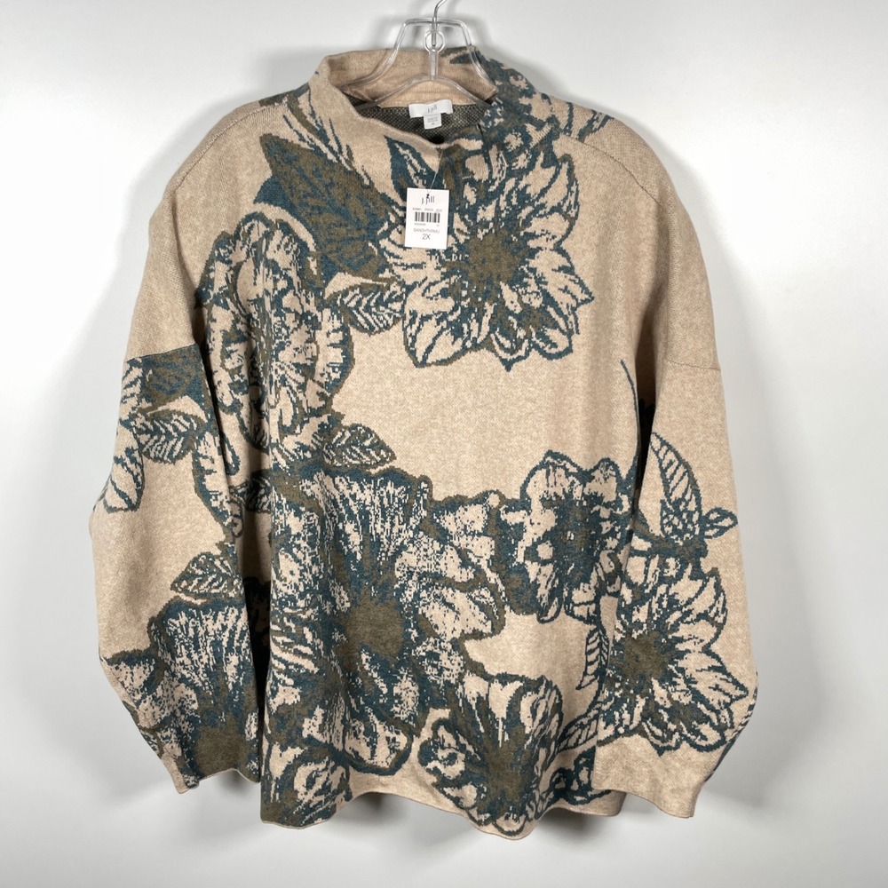 J. Jill Floral Jacquard Sweater Sand Heather Multi Women's 2X Quiet Luxury NWT